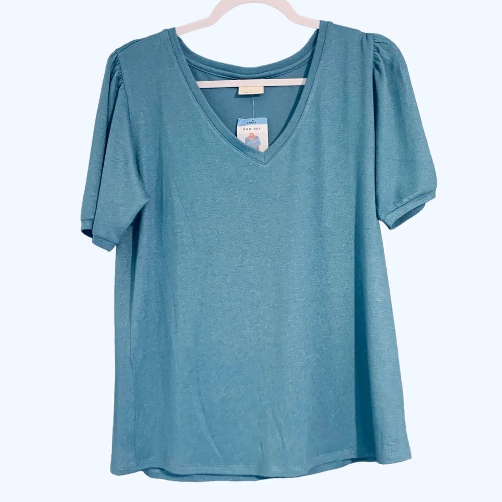 Mod Ref Women’s Contemporary V-Neck Puff Short Sleeve Blue Blouse Size Large